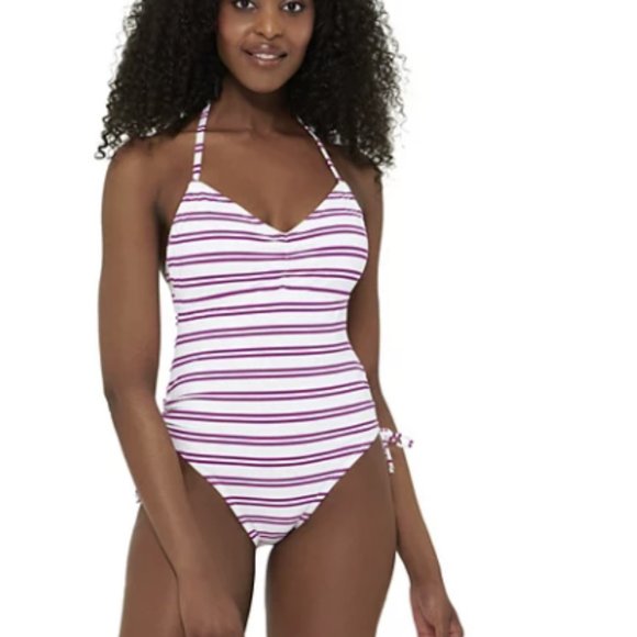 FRESHWATER RUCHED SIDE STRIPED HALTER ONE PIECE SWIMSUIT SIZE S #573 - Picture 1 of 4